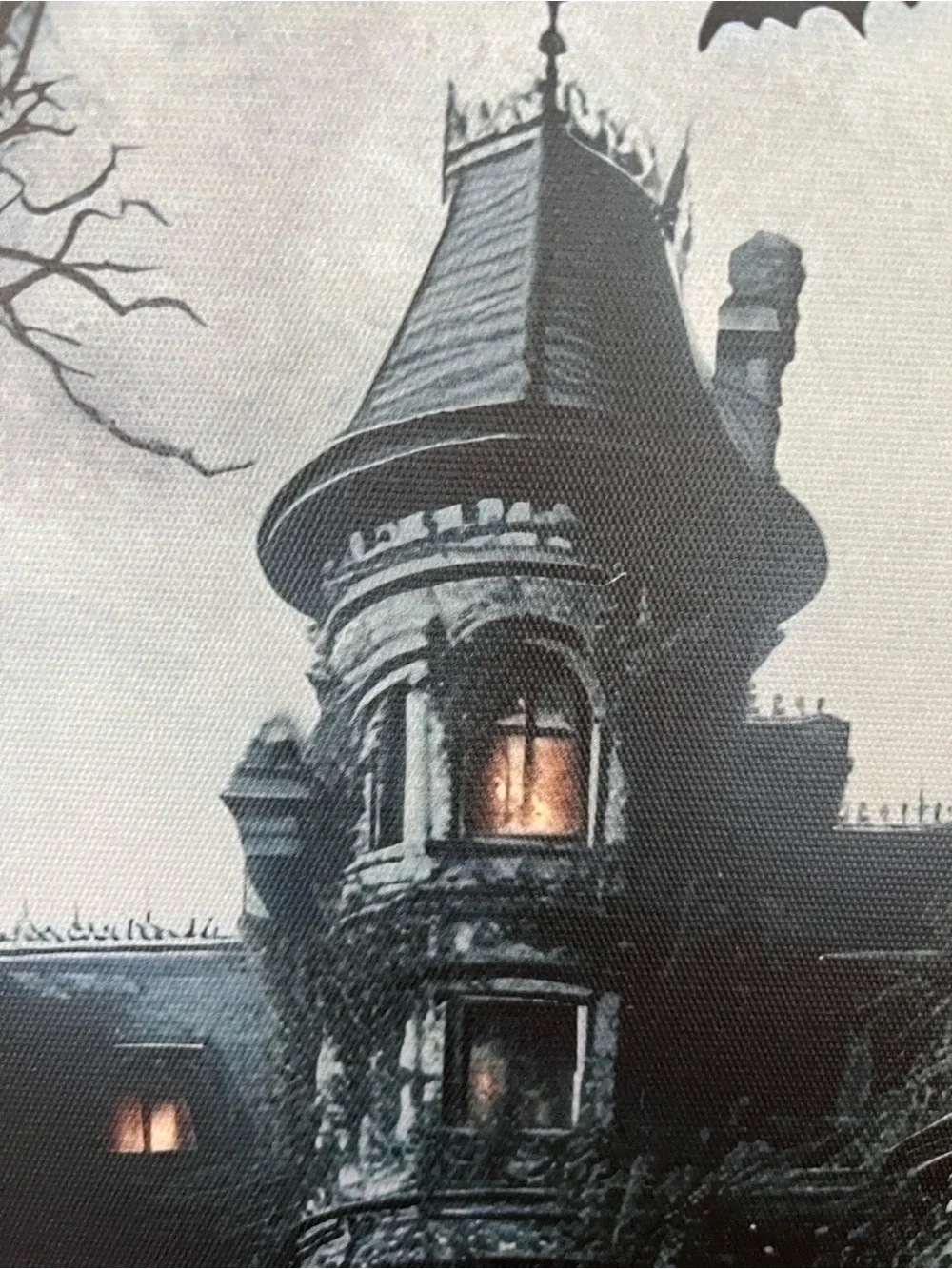 Eerie Haunted Mansion Halloween Tapestry in Black and Orange
